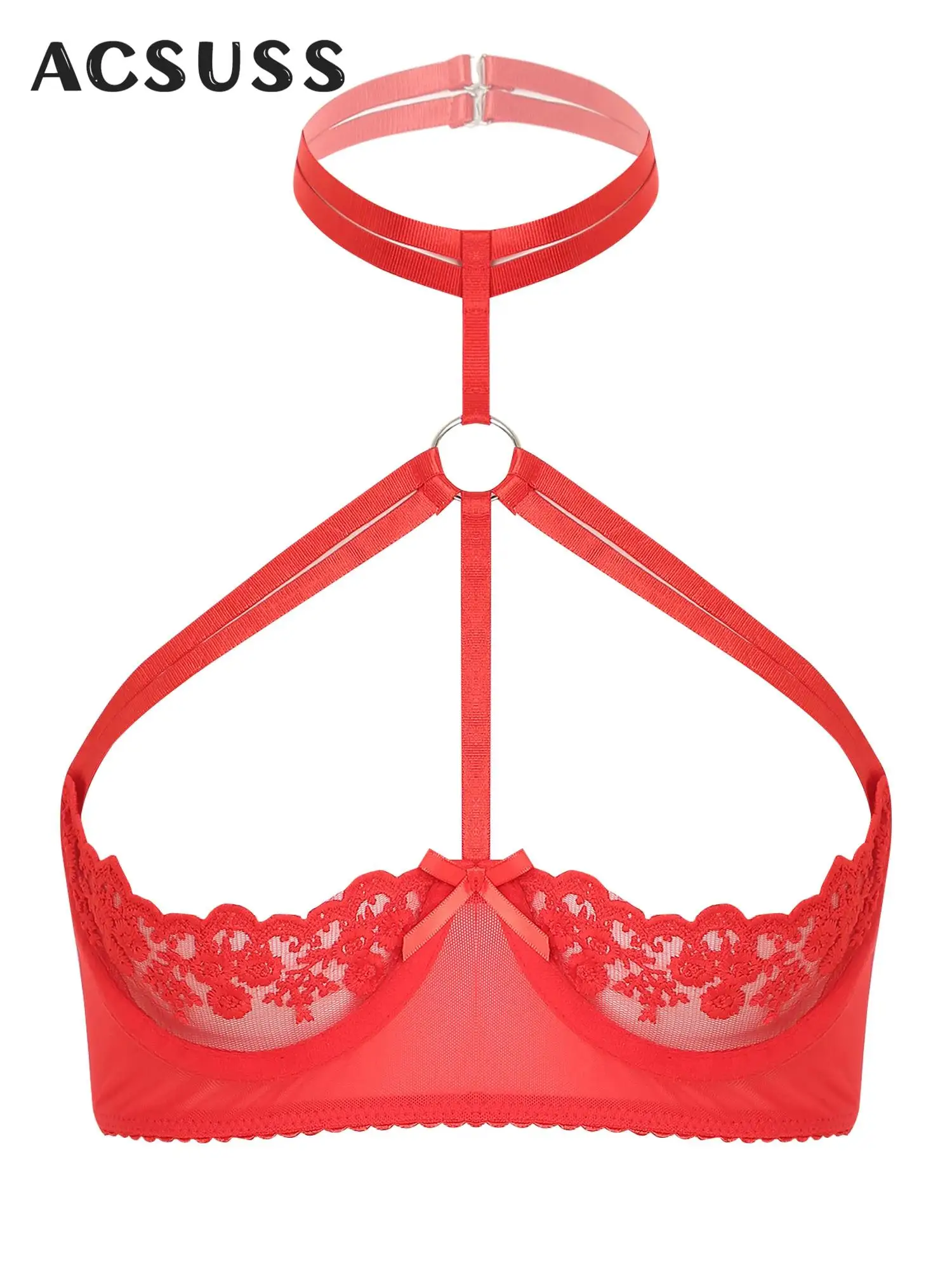 Womens-Sexy-1-3-Cup-Bra-Open-Breast-Underwire-Bra-Tops-Push-Up-See-Through-Lace